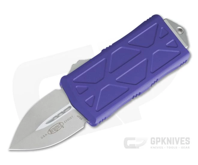 Microtech Exocet Purple Handle Stonewashed Plain Double Edge CA Legal OTF Auto 157-10PU 1 Microtech Exocet Purple Handle Stonewashed Plain Double Edge CA Legal OTF Auto 157-10PU