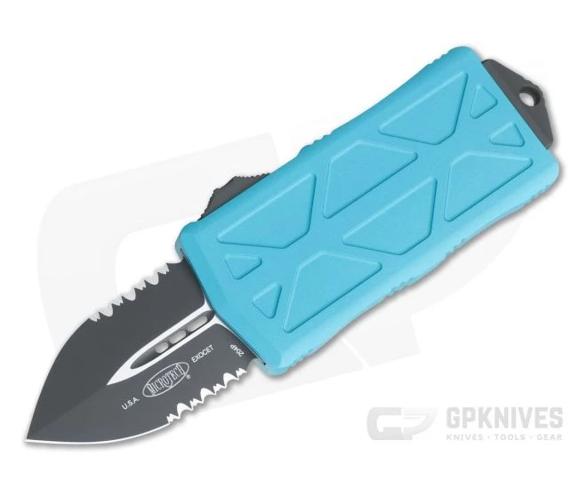 Microtech Exocet Black Partially Serrated 204P Double Edge Turquoise CA Legal OTF Automatic 157-2TQ 1 Microtech Exocet Black Partially Serrated 204P Double Edge Turquoise CA Legal OTF Automatic 157-2TQ