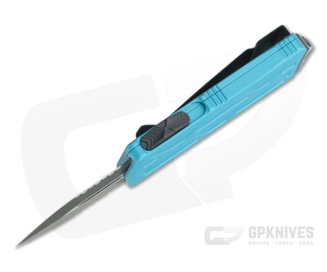 Microtech Exocet Black Partially Serrated 204P Double Edge Turquoise CA Legal OTF Automatic 157-2TQ 3 Microtech Exocet Black Partially Serrated 204P Double Edge Turquoise CA Legal OTF Automatic 157-2TQ - Image 3