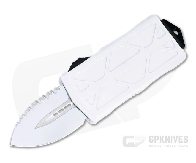 Microtech Exocet Storm Trooper White Double Edge Serrated CA Legal OTF Automatic 157-3ST 1 Microtech Exocet Storm Trooper White Double Edge Serrated CA Legal OTF Automatic 157-3ST