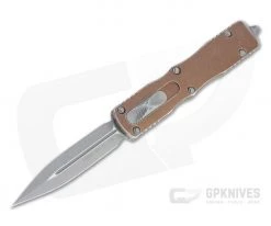 Microtech Dirac Delta Apocalyptic Plain Double Edge M390 Top Slide Distressed Tan OTF Automatic Knife 227-10DTA