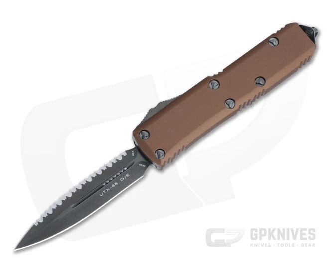 Microtech Signature Tan UTX-85 Black DLC Double Edge Full Serrated 204P OTF Automatic Knife 232-3DLCTTAS 1 Microtech Signature Tan UTX-85 Black DLC Double Edge Full Serrated 204P OTF Automatic Knife 232-3DLCTTAS