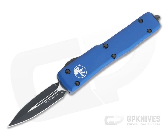 Microtech UTX-70 CA Double Edge Black M390 Blue California Legal OTF Automatic Knife CA147-1BL 1 Microtech UTX-70 CA Double Edge Black M390 Blue California Legal OTF Automatic Knife CA147-1BL